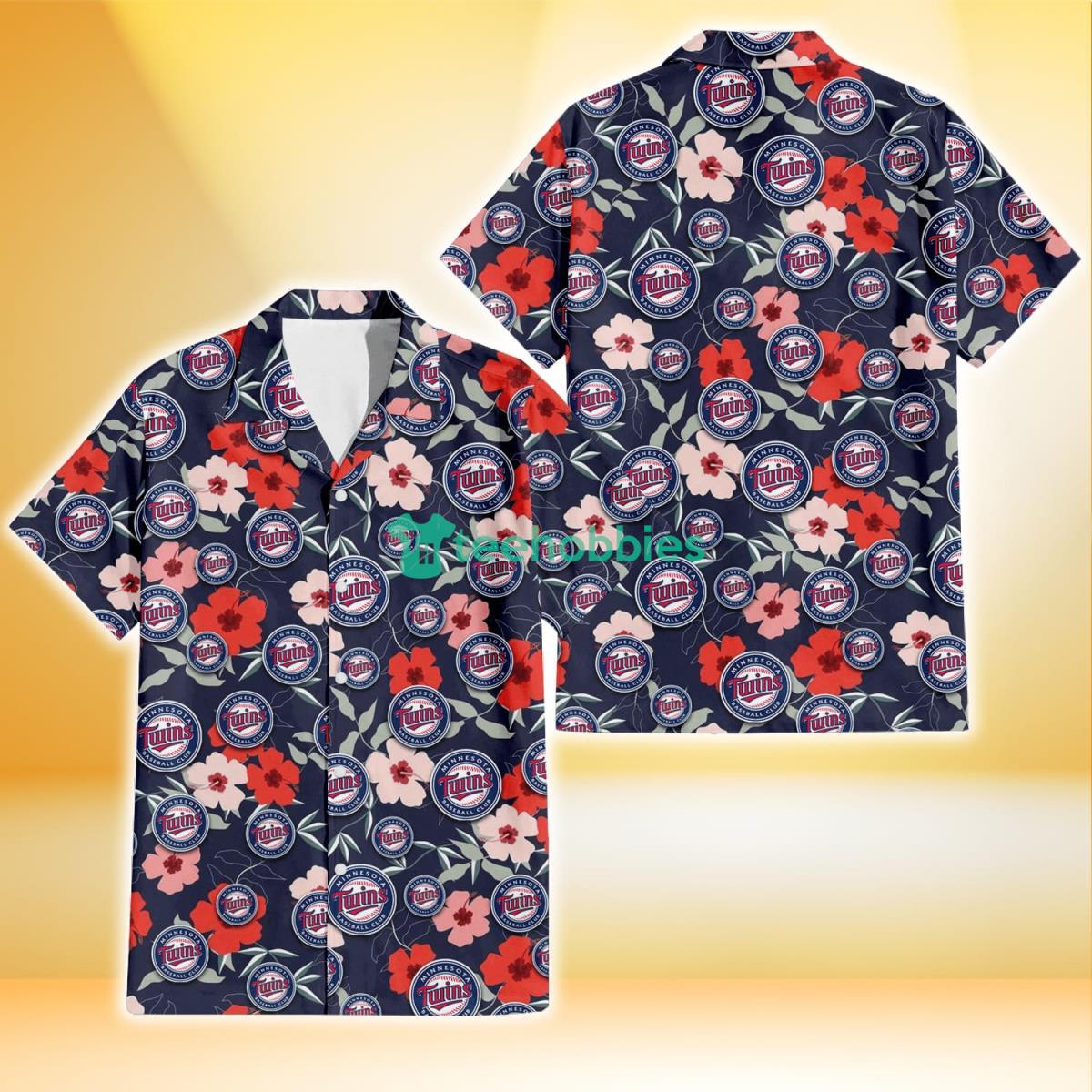 Minnesota Twins Red Pink White Hibiscus Black Background 3D Hawaiian Shirt Gift For Fans Product Photo 1