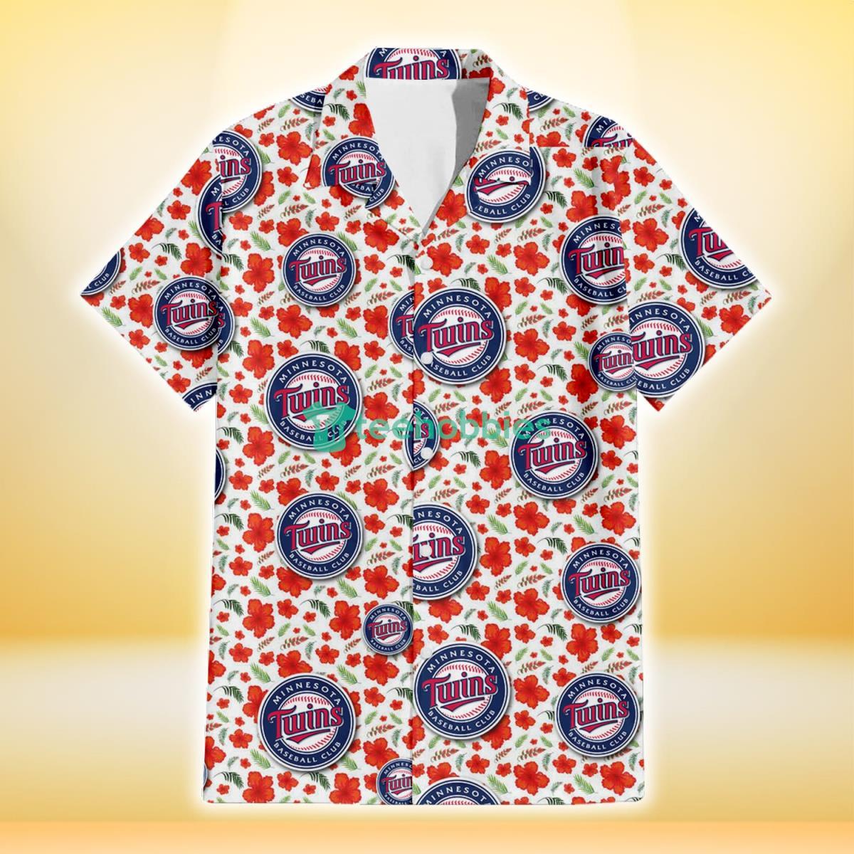 Minnesota Twins Tiny Red Hibiscus Green Leaf White Cube Background 3D Hawaiian Shirt Gift For Fans Product Photo 2
