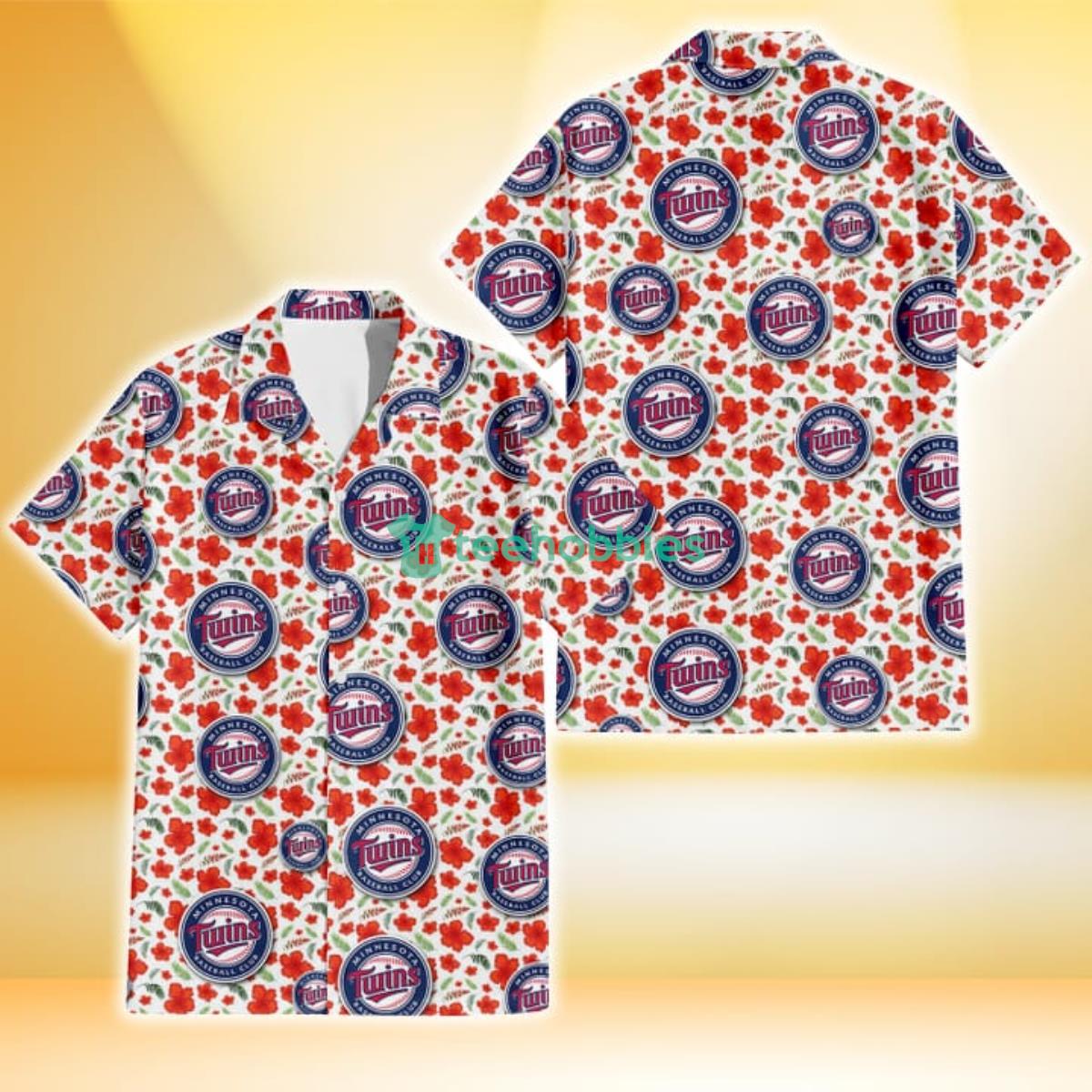 Minnesota Twins Tiny Red Hibiscus Green Leaf White Cube Background 3D Hawaiian Shirt Gift For Fans Product Photo 1