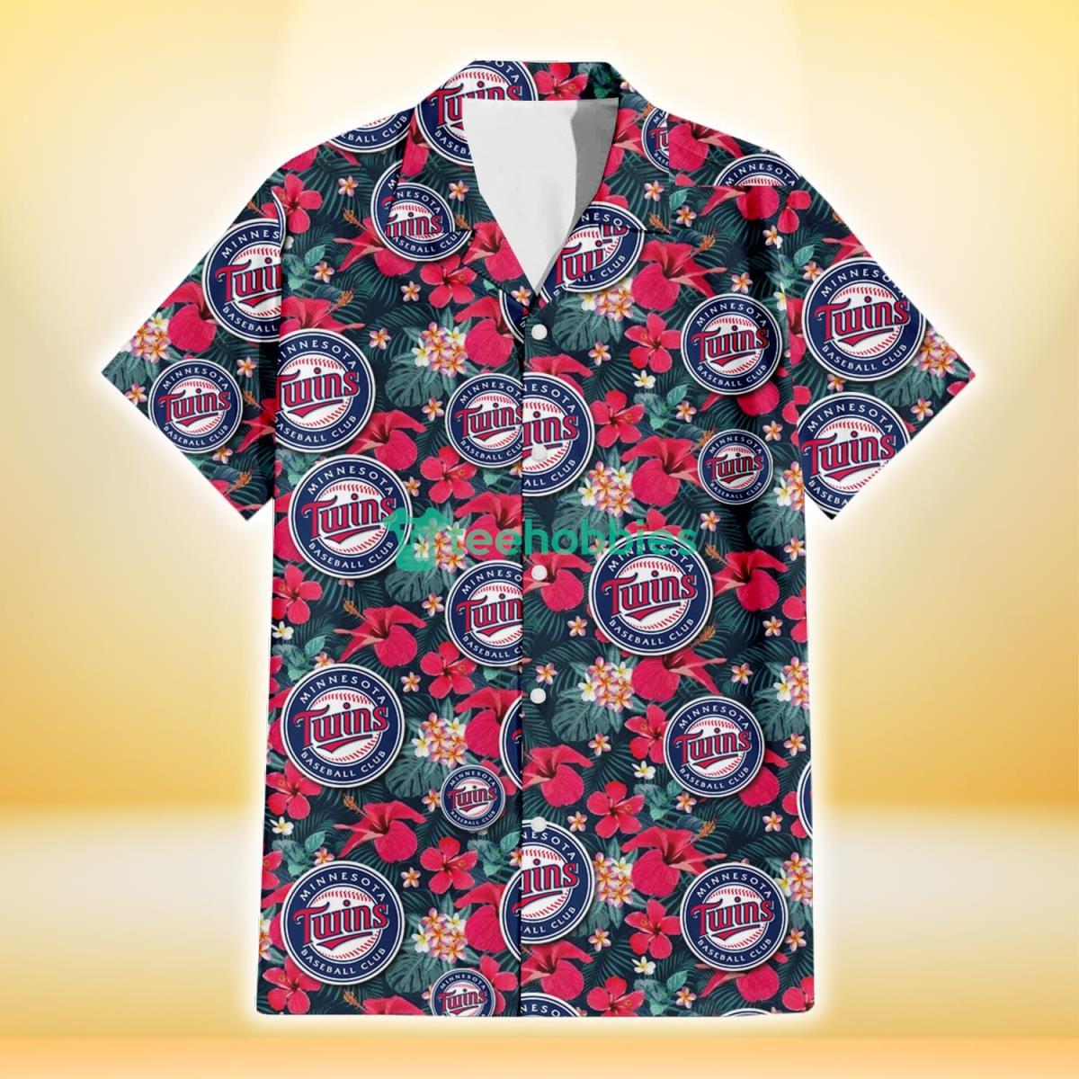 Minnesota Twins Tiny Red Hibiscus White Porcelain Flower Black Background 3D Hawaiian Shirt Gift For Fans Product Photo 2