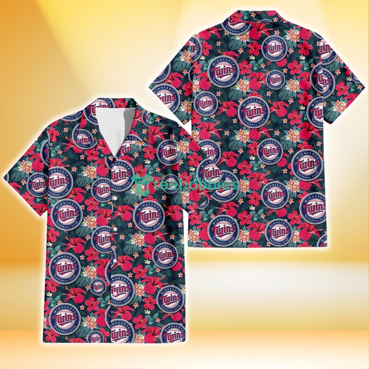 Minnesota Twins Tiny Red Hibiscus White Porcelain Flower Black Background 3D Hawaiian Shirt Gift For Fans Product Photo 1