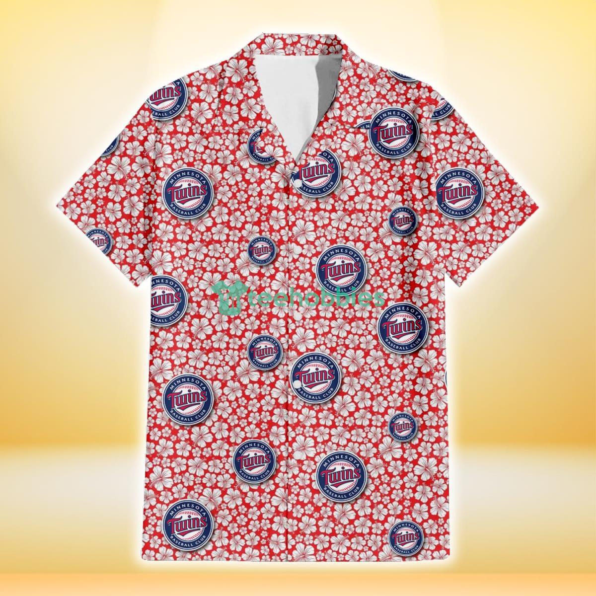 Minnesota Twins Tiny White Hibiscus Pattern Red Background 3D Hawaiian Shirt Gift For Fans Product Photo 2