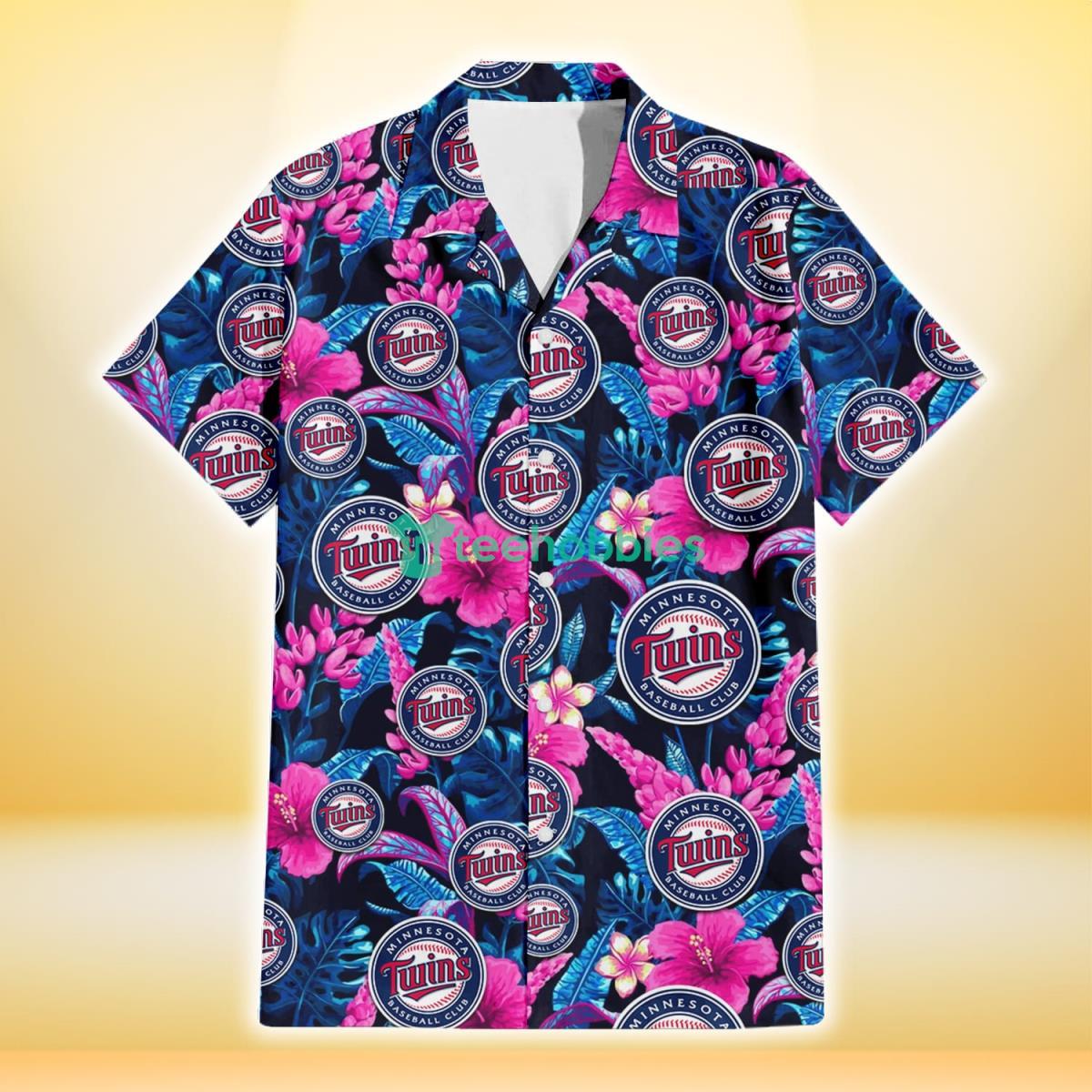 Minnesota Twins Violet Red Hibiscus Blue Leaf Black Background 3D Hawaiian Shirt Gift For Fans Product Photo 2