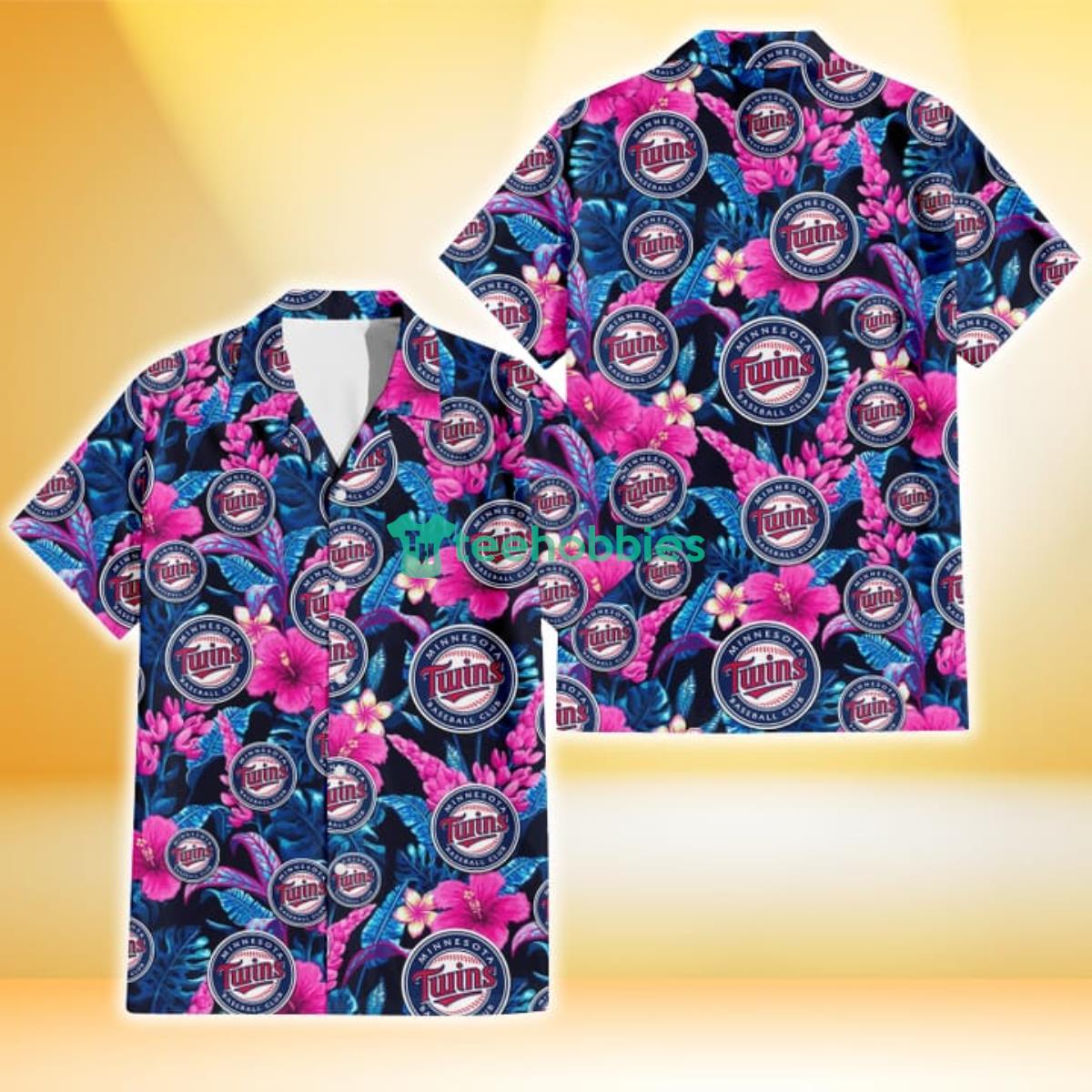 Minnesota Twins Violet Red Hibiscus Blue Leaf Black Background 3D Hawaiian Shirt Gift For Fans Product Photo 1