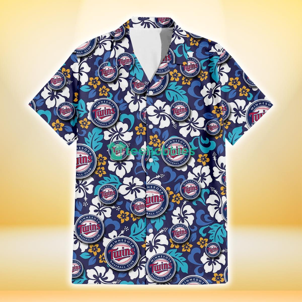 Minnesota Twins White Hibiscus Ceramic Style Navy Background 3D Hawaiian Shirt Gift For Fans Product Photo 2