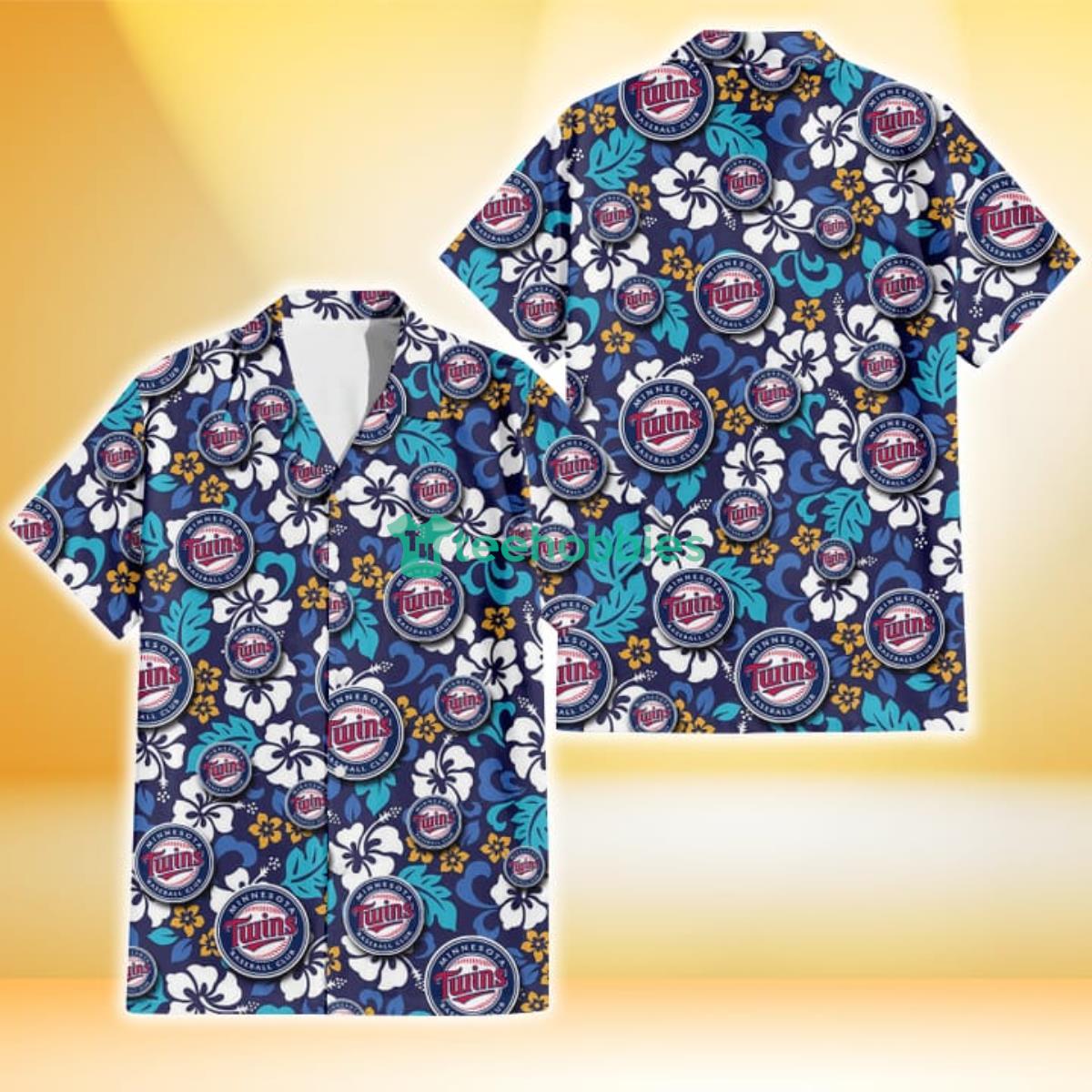 Minnesota Twins White Hibiscus Ceramic Style Navy Background 3D Hawaiian Shirt Gift For Fans Product Photo 1