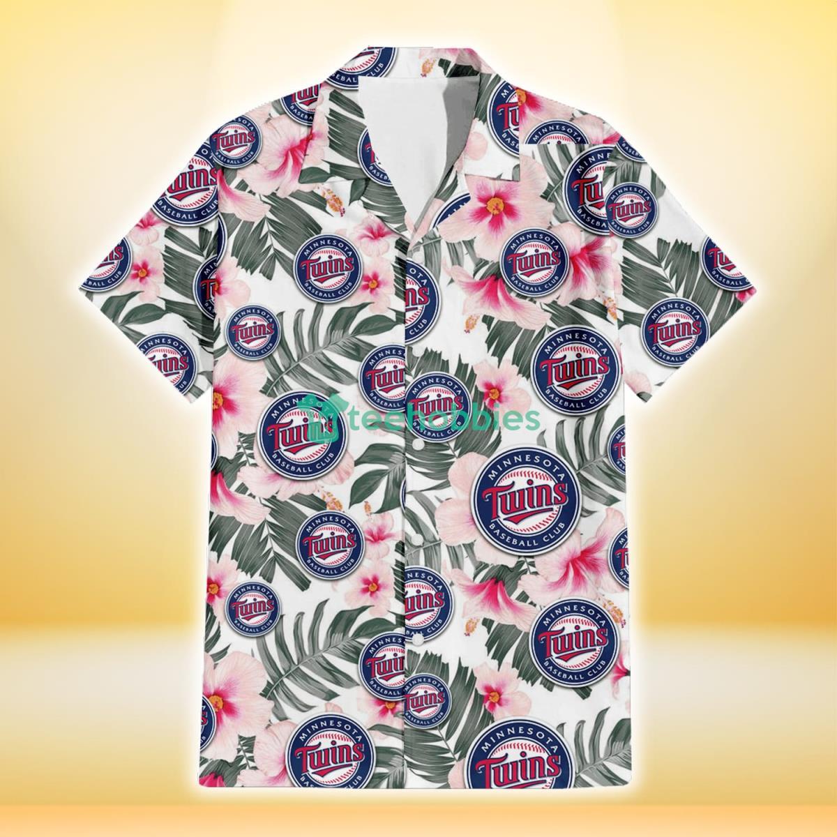 Minnesota Twins White Hibiscus Green Leaf White Background 3D Hawaiian Shirt Gift For Fans Product Photo 2
