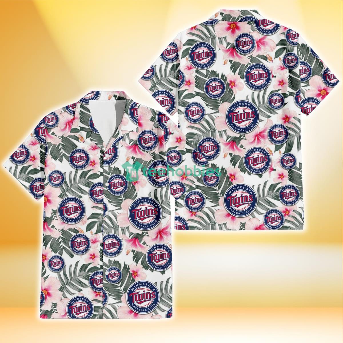 Minnesota Twins White Hibiscus Green Leaf White Background 3D Hawaiian Shirt Gift For Fans Product Photo 1