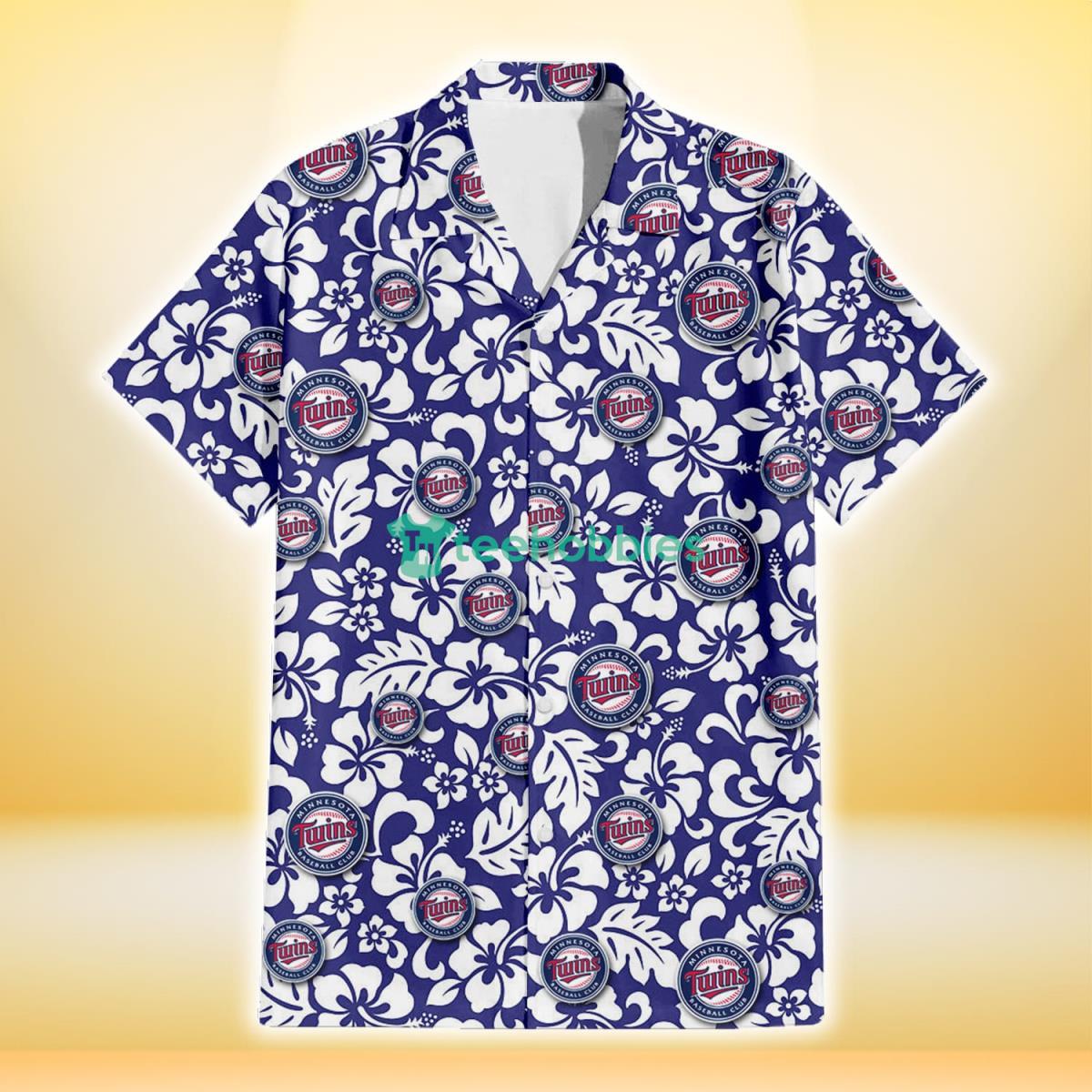 Minnesota Twins White Hibiscus Pattern Slate Blue Background 3D Hawaiian Shirt Gift For Fans Product Photo 2