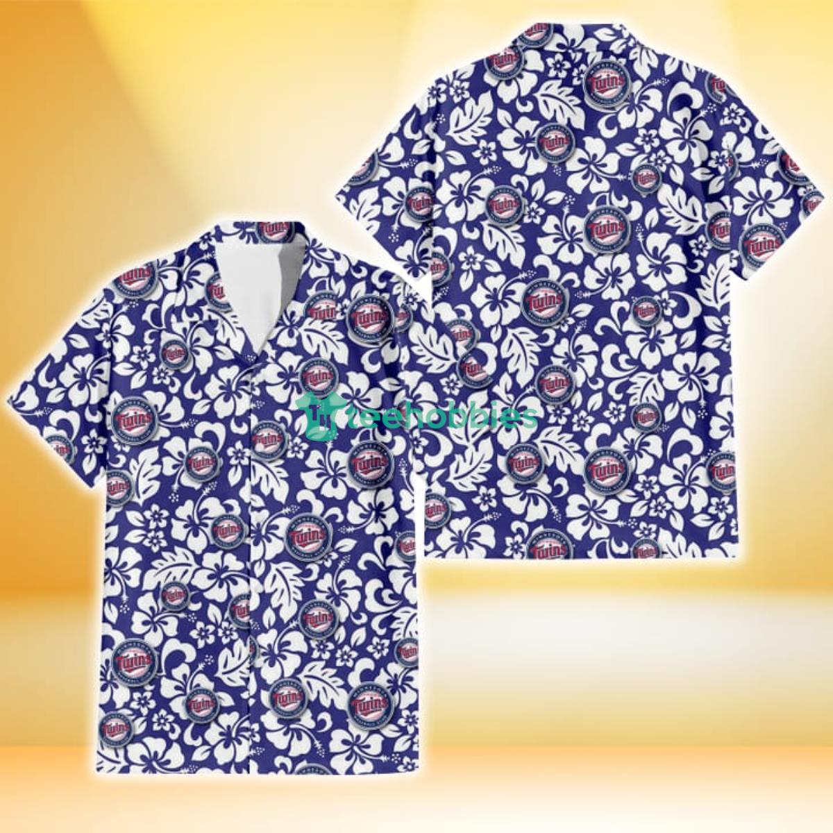 Minnesota Twins White Hibiscus Pattern Slate Blue Background 3D Hawaiian Shirt Gift For Fans Product Photo 1