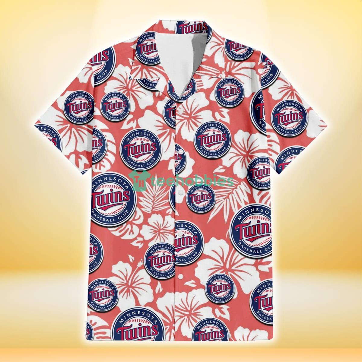 Minnesota Twins White Hibiscus Salmon Background 3D Hawaiian Shirt Gift For Fans Product Photo 2