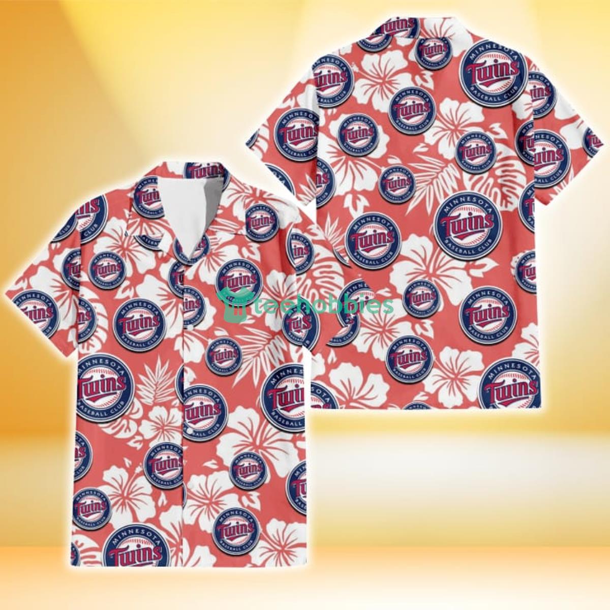 Minnesota Twins White Hibiscus Salmon Background 3D Hawaiian Shirt Gift For Fans Product Photo 1