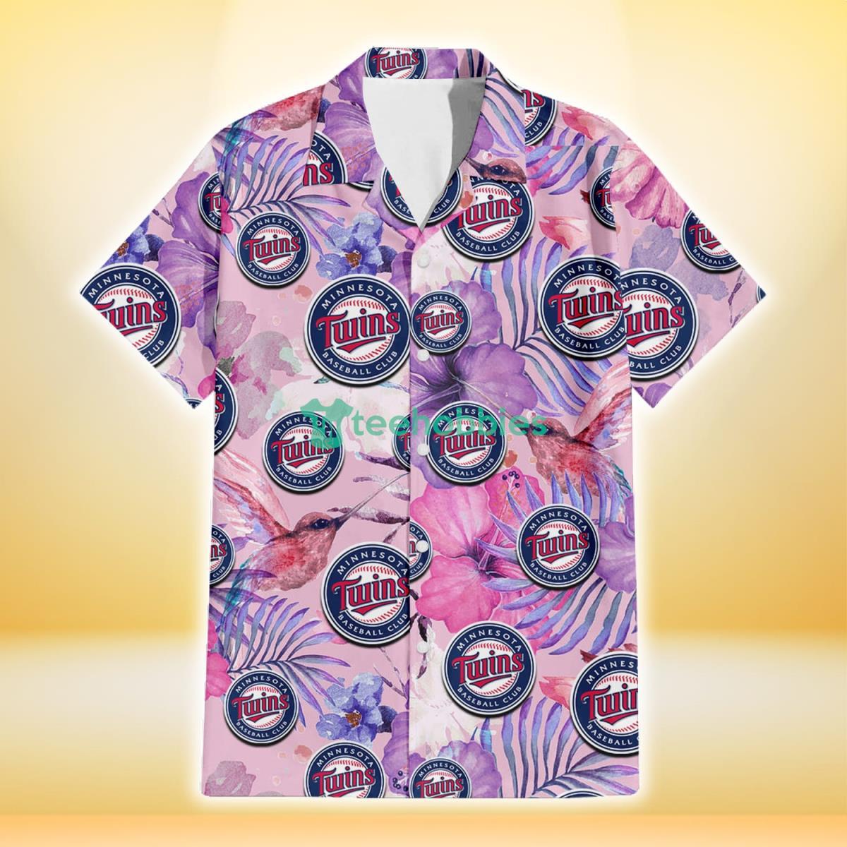 Minnesota Twins White Purple Hibiscus Pink Hummingbird Pink Background 3D Hawaiian Shirt Gift For Fans Product Photo 2