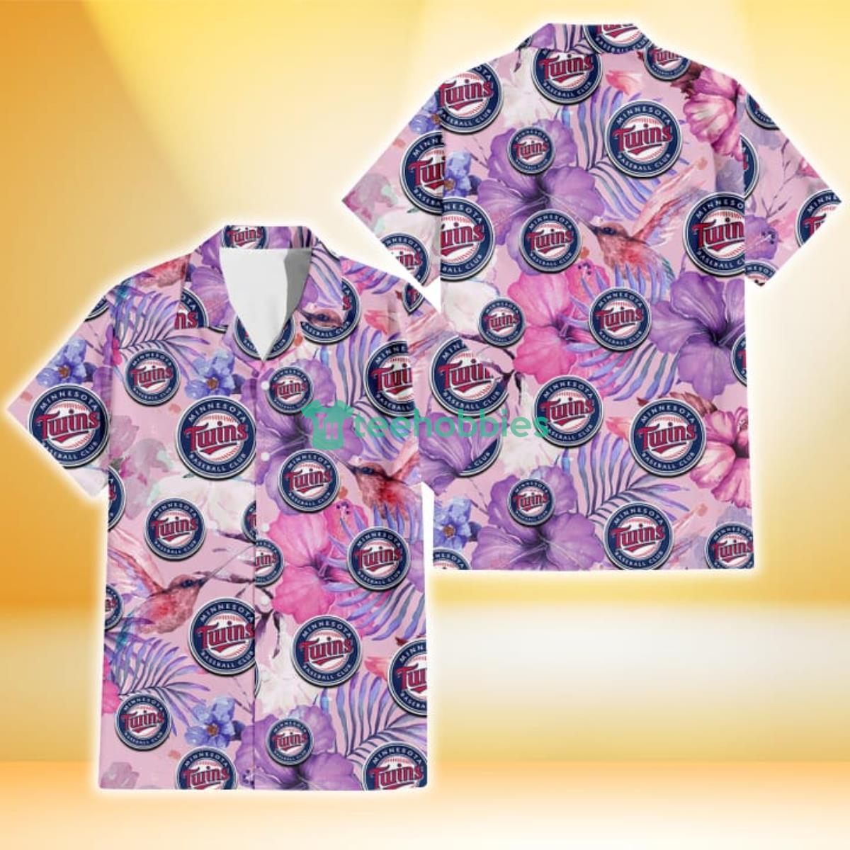 Minnesota Twins White Purple Hibiscus Pink Hummingbird Pink Background 3D Hawaiian Shirt Gift For Fans Product Photo 1