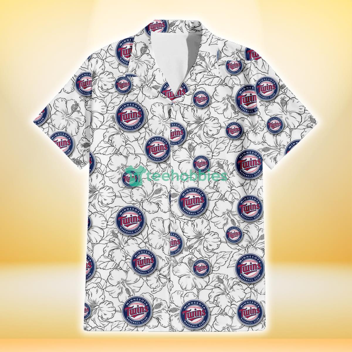Minnesota Twins White Sketch Hibiscus Pattern White Background 3D Hawaiian Shirt Gift For Fans Product Photo 2