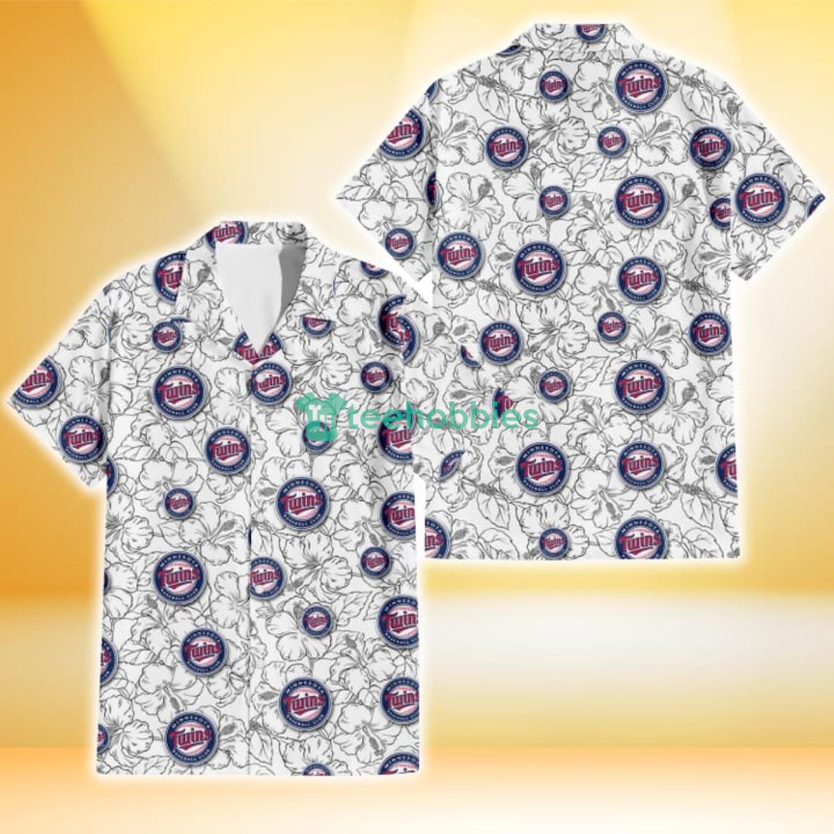 Minnesota Twins White Sketch Hibiscus Pattern White Background 3D Hawaiian Shirt Gift For Fans Product Photo 1
