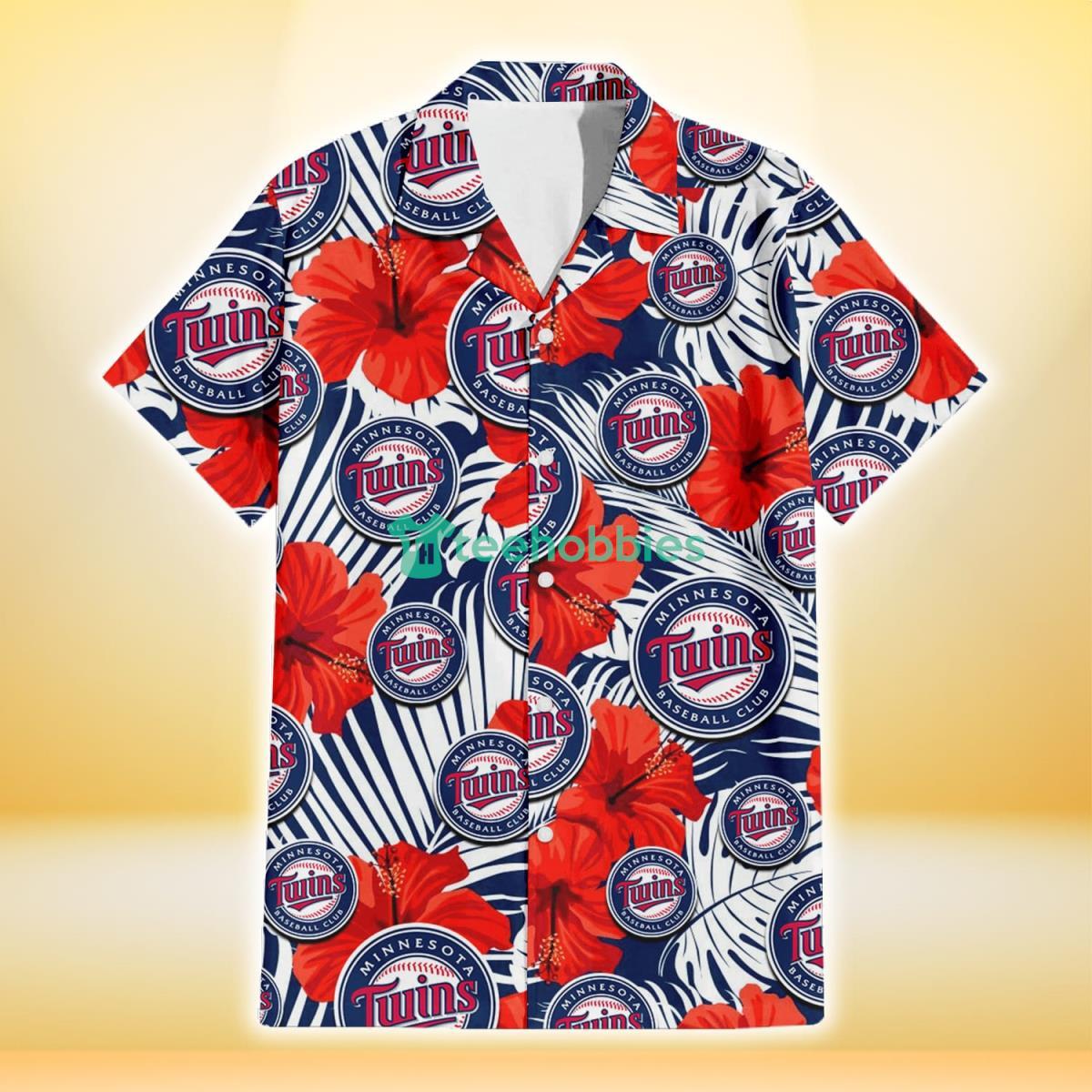Minnesota Twins White Tropical Leaf Red Hibiscus Navy Background 3D Hawaiian Shirt Gift For Fans Product Photo 2