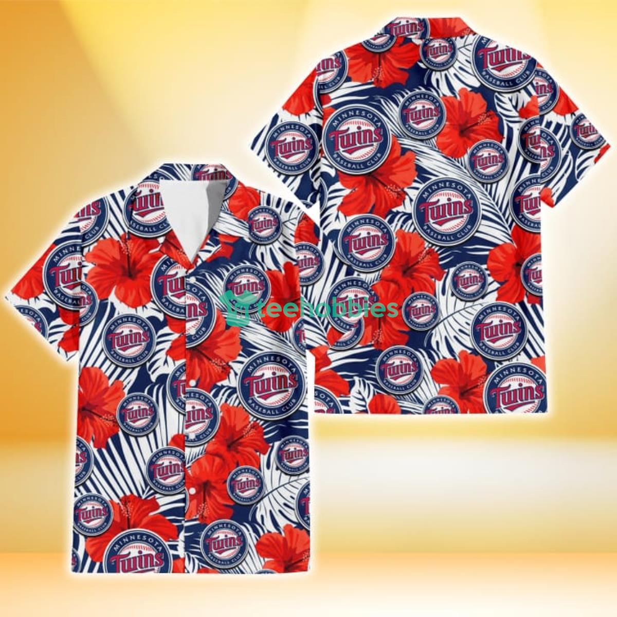 Minnesota Twins White Tropical Leaf Red Hibiscus Navy Background 3D Hawaiian Shirt Gift For Fans Product Photo 1