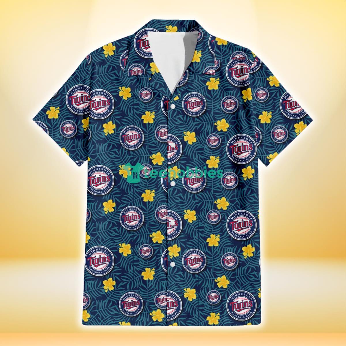 Minnesota Twins Yellow Hibiscus Cadet Blue Leaf Navy Background 3D Hawaiian Shirt Gift For Fans Product Photo 2