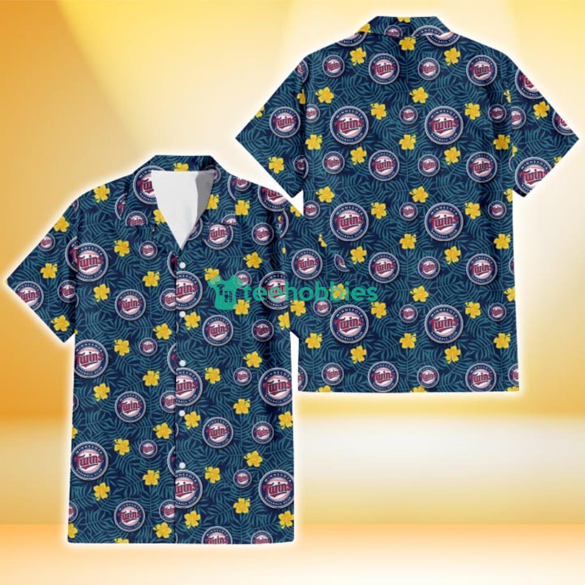 Minnesota Twins Yellow Hibiscus Cadet Blue Leaf Navy Background 3D Hawaiian Shirt Gift For Fans Product Photo 1
