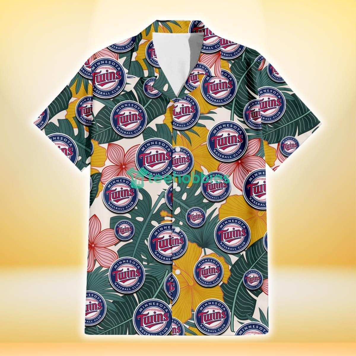 Minnesota Twins Yellow Hibiscus Green Banana Leaf Pink Porcelain Flower 3D Hawaiian Shirt Gift For Fans Product Photo 2