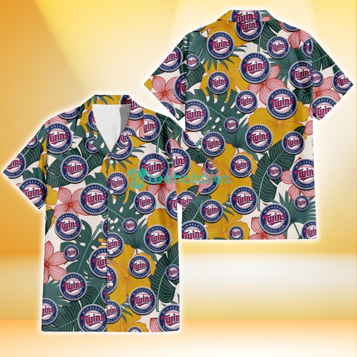 Minnesota Twins Yellow Hibiscus Green Banana Leaf Pink Porcelain Flower 3D Hawaiian Shirt Gift For Fans Product Photo 1