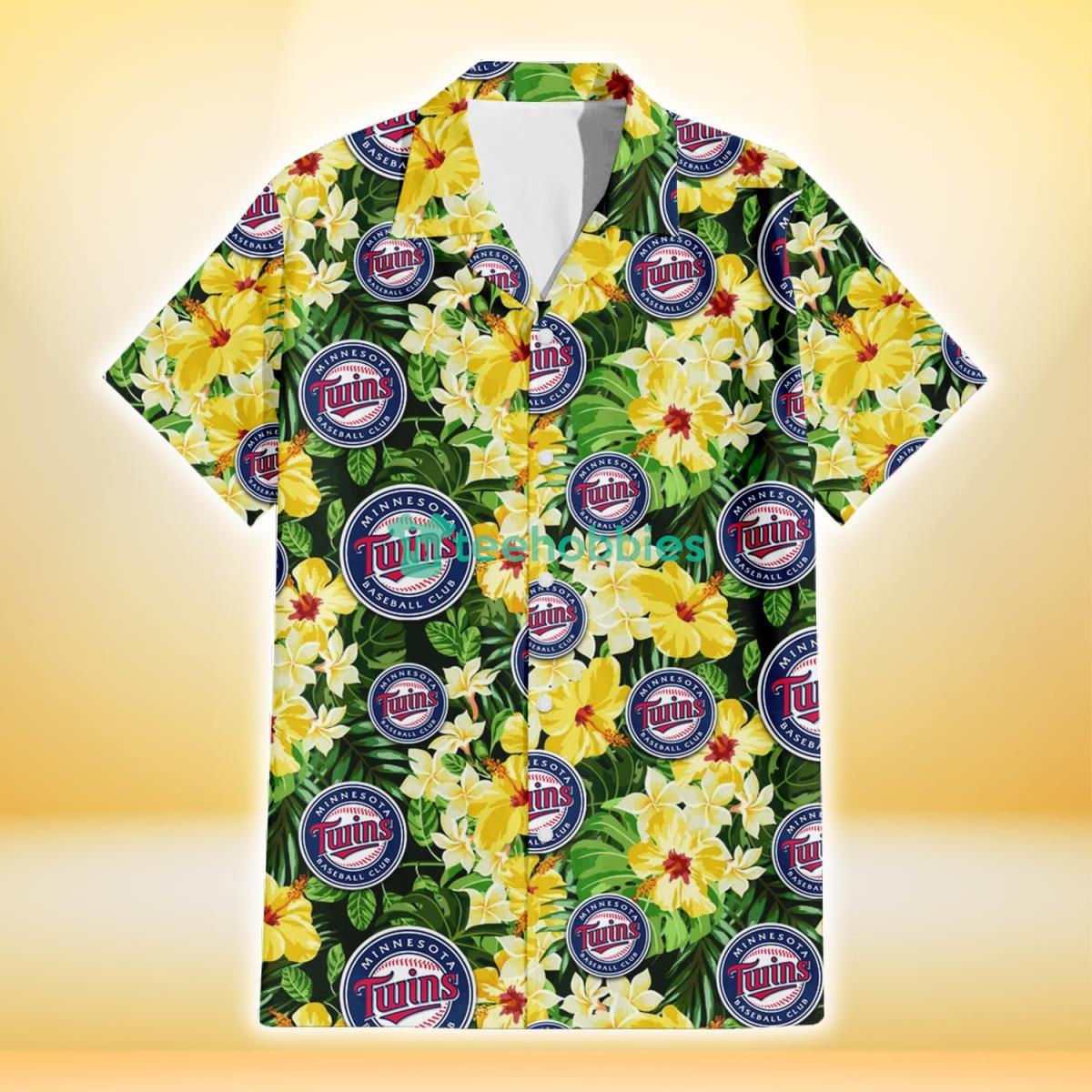 Minnesota Twins Yellow Hibiscus Tropical Green Leaf Black Background 3D Hawaiian Shirt Gift For Fans Product Photo 2