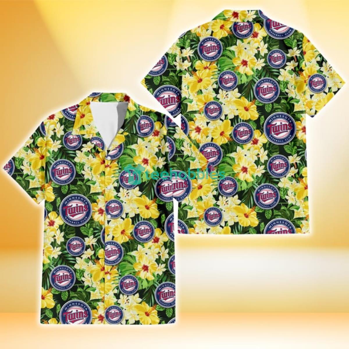 Minnesota Twins Yellow Hibiscus Tropical Green Leaf Black Background 3D Hawaiian Shirt Gift For Fans Product Photo 1