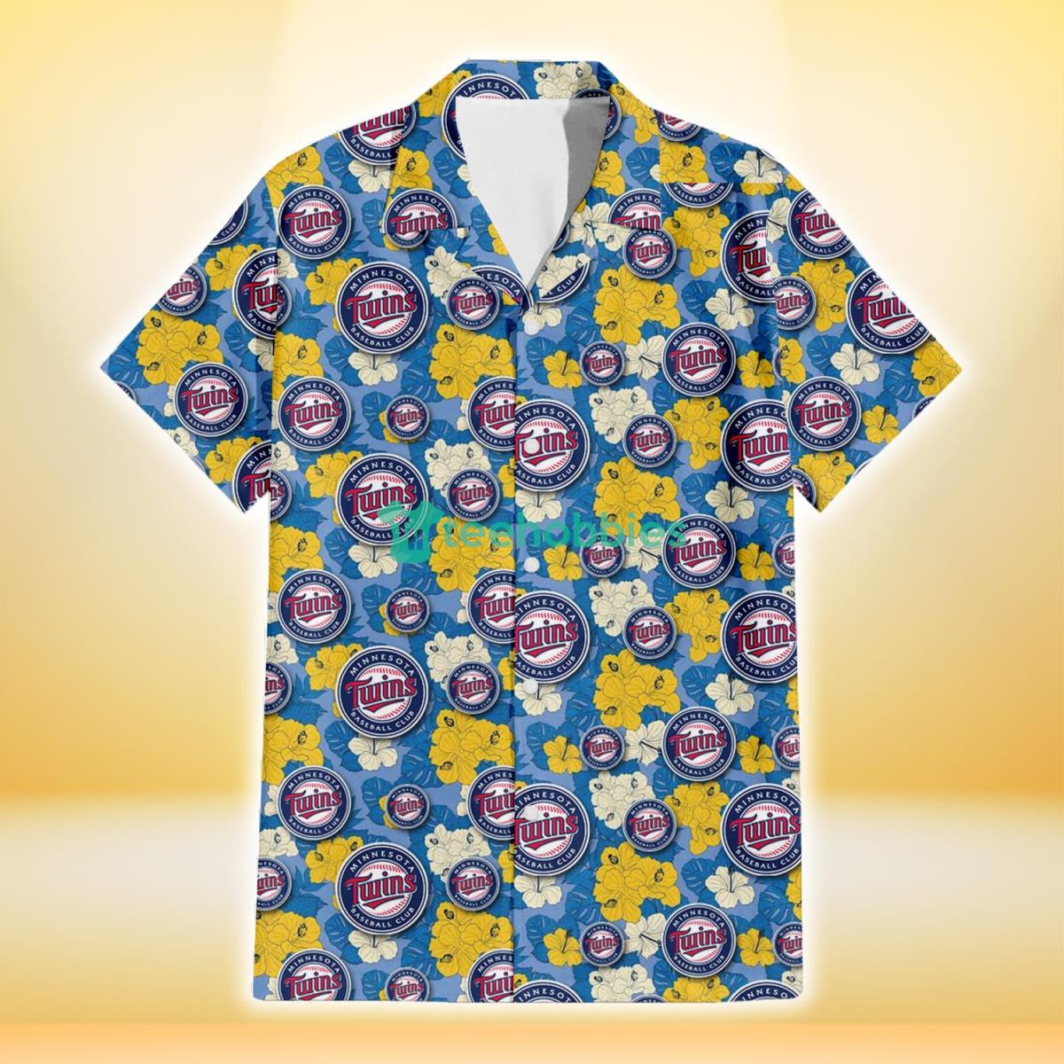 Minnesota Twins Yellow White Hibiscus Powder Blue Background 3D Hawaiian Shirt Gift For Fans Product Photo 2