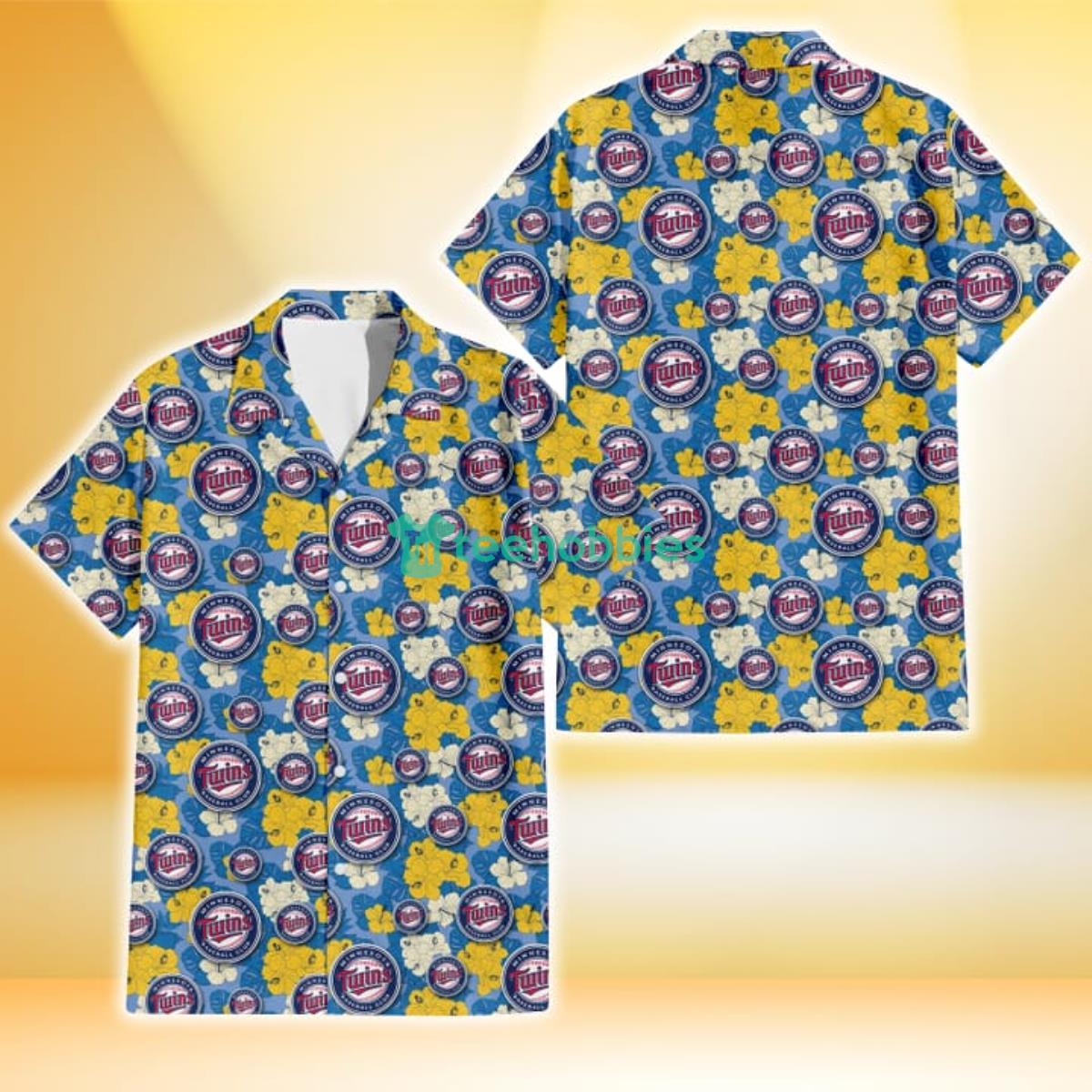 Minnesota Twins Yellow White Hibiscus Powder Blue Background 3D Hawaiian Shirt Gift For Fans Product Photo 1