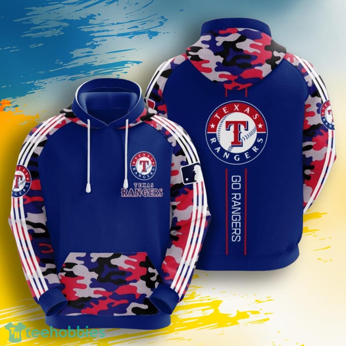 MLB Texas Rangers Blue Red Camo 3D Pullover Hoodie For Men Women Product Photo 1