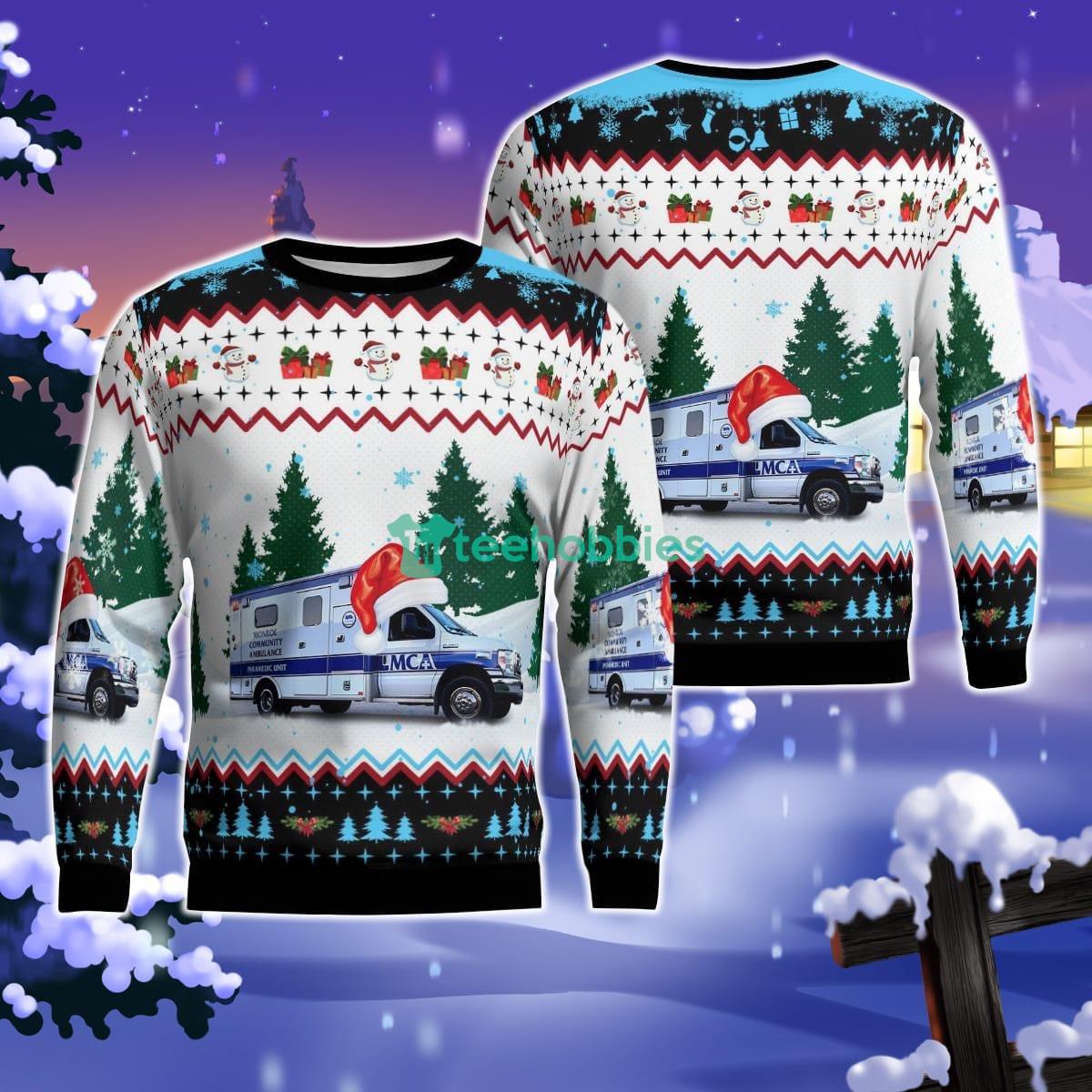 Monroe, Michigan, Monroe Community Ambulance Christmas AOP Ugly Sweater For Men Women Product Photo 1 Monroe, Michigan, Monroe Community Ambulance Christmas AOP Ugly Sweater For Men Women Product Photo 1