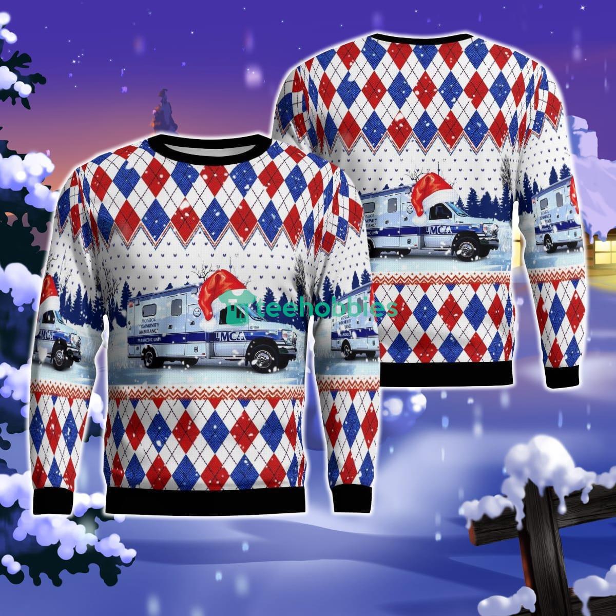 Monroe, Michigan, Monroe Community Ambulance Christmas AOP Ugly Sweater Gift For Men Women Product Photo 1 Monroe, Michigan, Monroe Community Ambulance Christmas AOP Ugly Sweater Gift For Men Women Product Photo 1