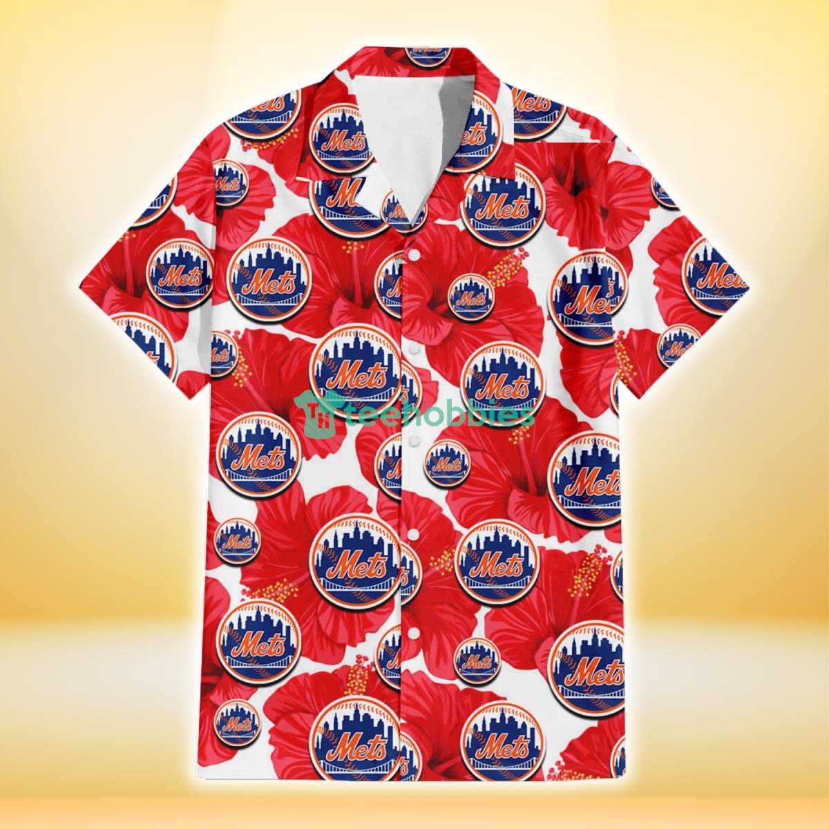 New York Mets Big Red Hibiscus White Background 3D Hawaiian Shirt Gift For Fans Product Photo 2
