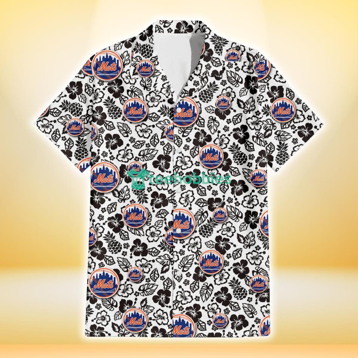 New York Mets Black And White Hibiscus Leaf White Background 3D Hawaiian Shirt Gift For Fans Product Photo 2