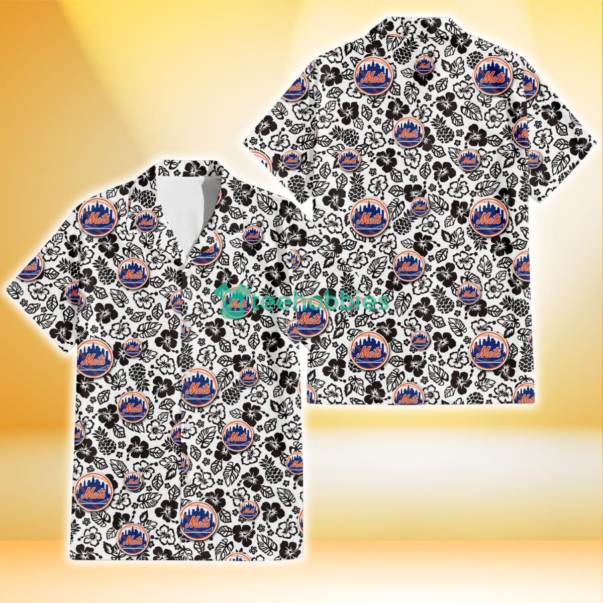 New York Mets Black And White Hibiscus Leaf White Background 3D Hawaiian Shirt Gift For Fans Product Photo 1