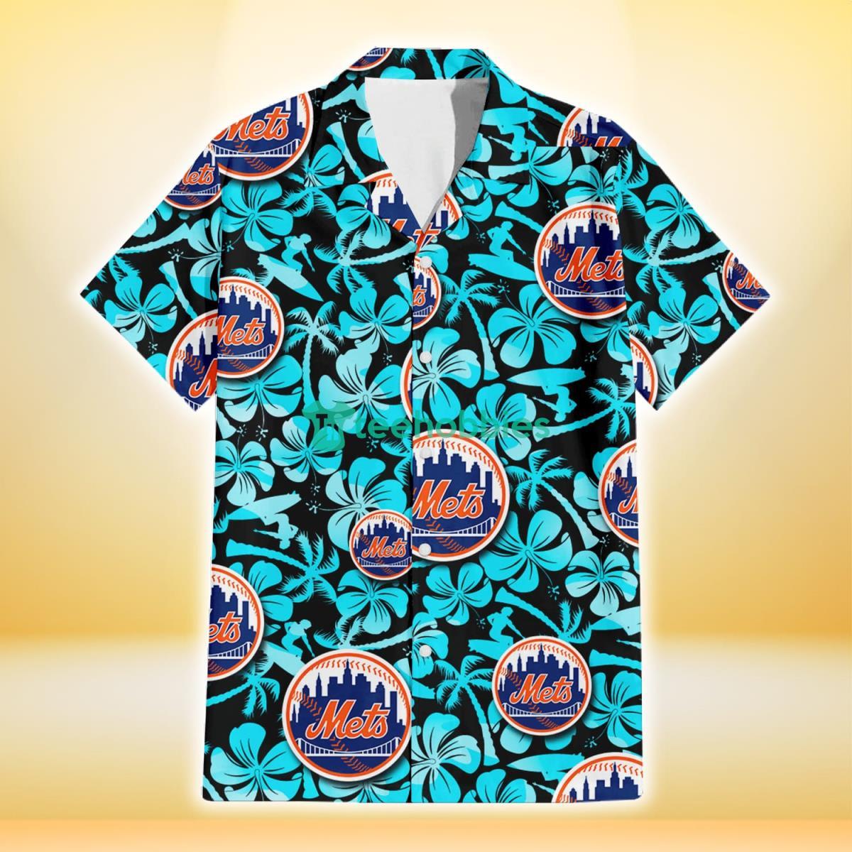 New York Mets Blue Hibiscus Blue Coconut Tree Black Background 3D Hawaiian Shirt Gift For Fans Product Photo 2