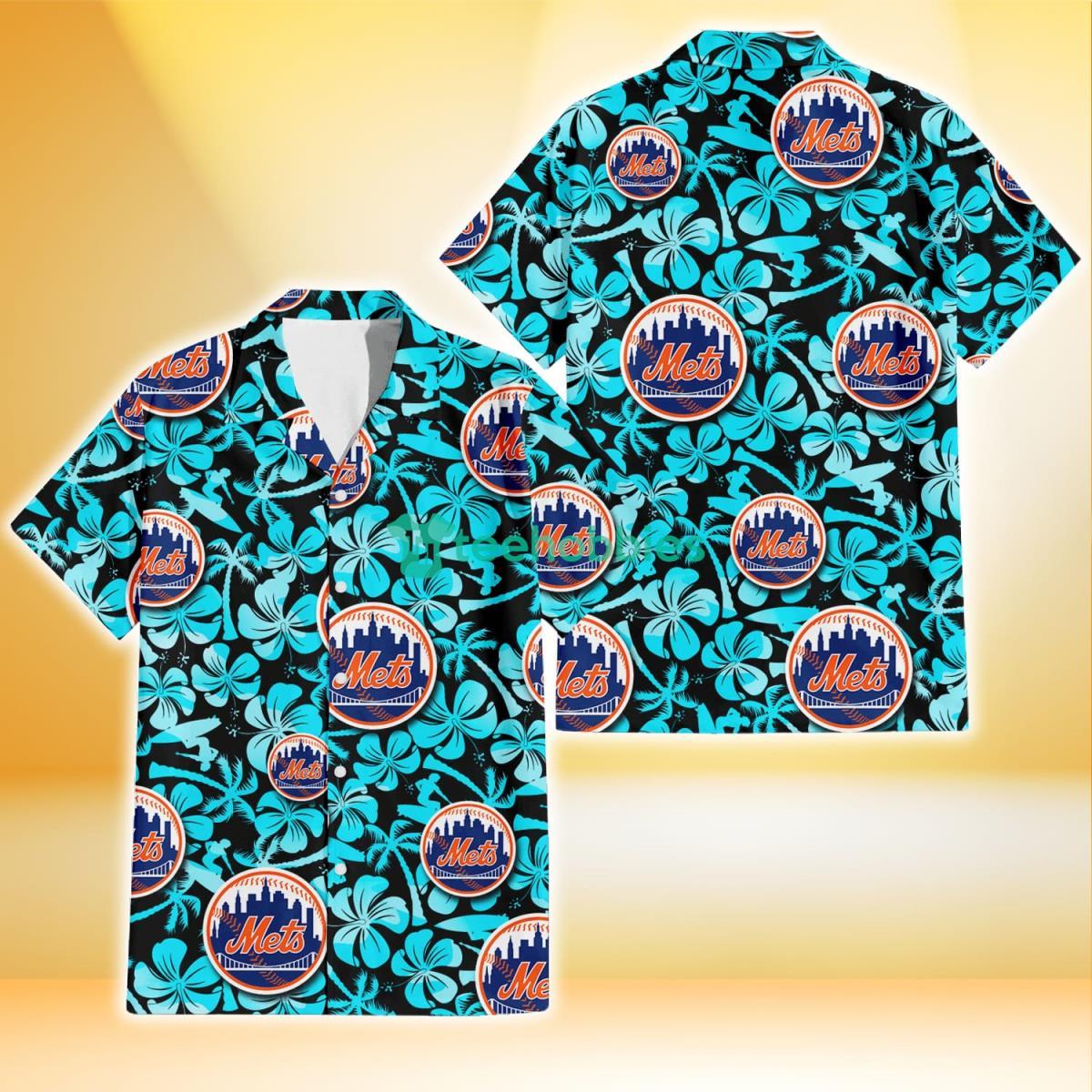 New York Mets Blue Hibiscus Blue Coconut Tree Black Background 3D Hawaiian Shirt Gift For Fans Product Photo 1