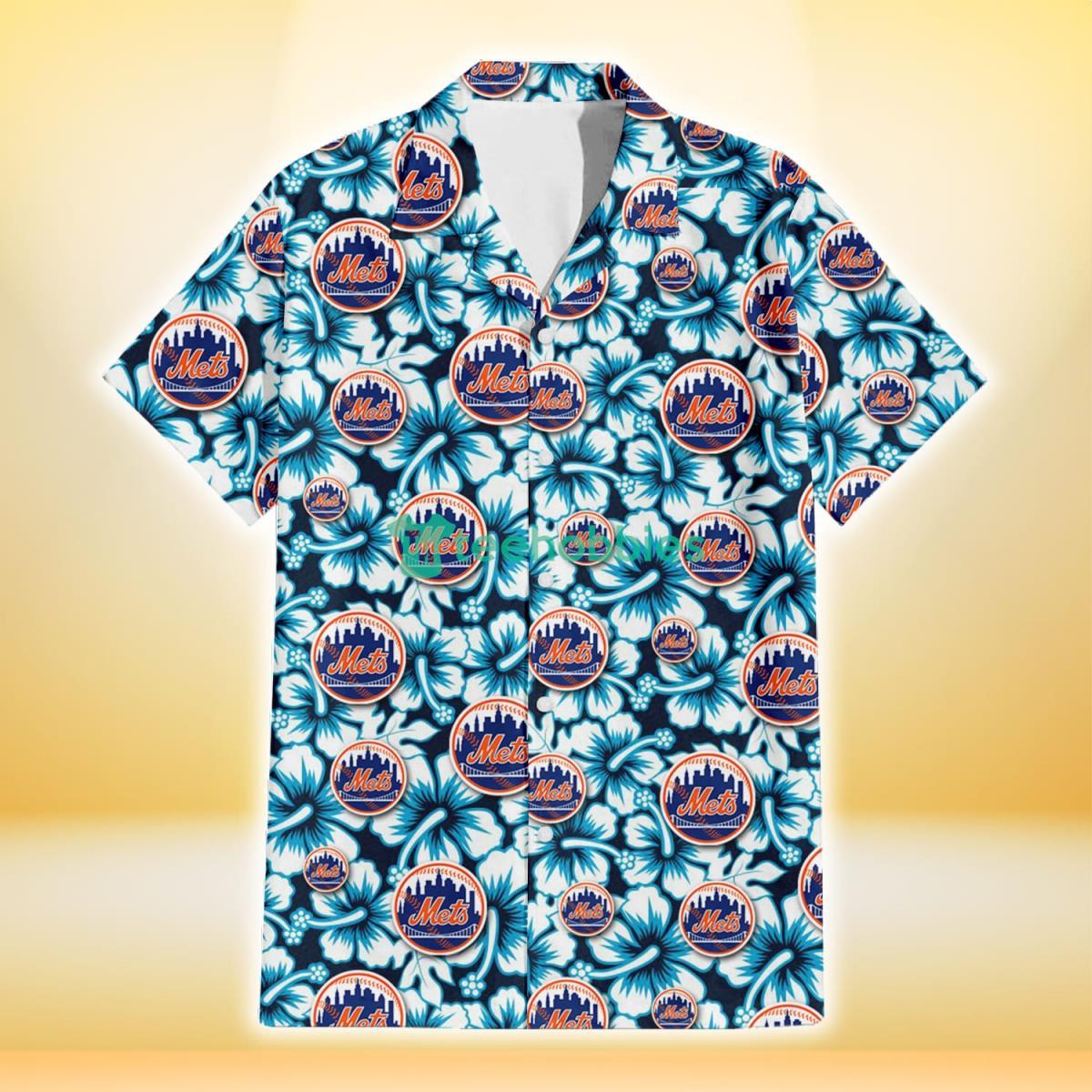New York Mets Blue Line White Hibiscus Black Background 3D Hawaiian Shirt Gift For Fans Product Photo 2
