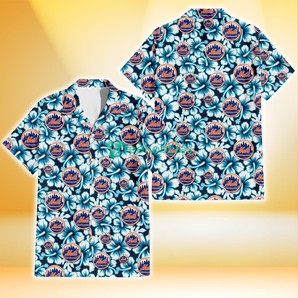 New York Mets Blue Line White Hibiscus Black Background 3D Hawaiian Shirt Gift For Fans Product Photo 1