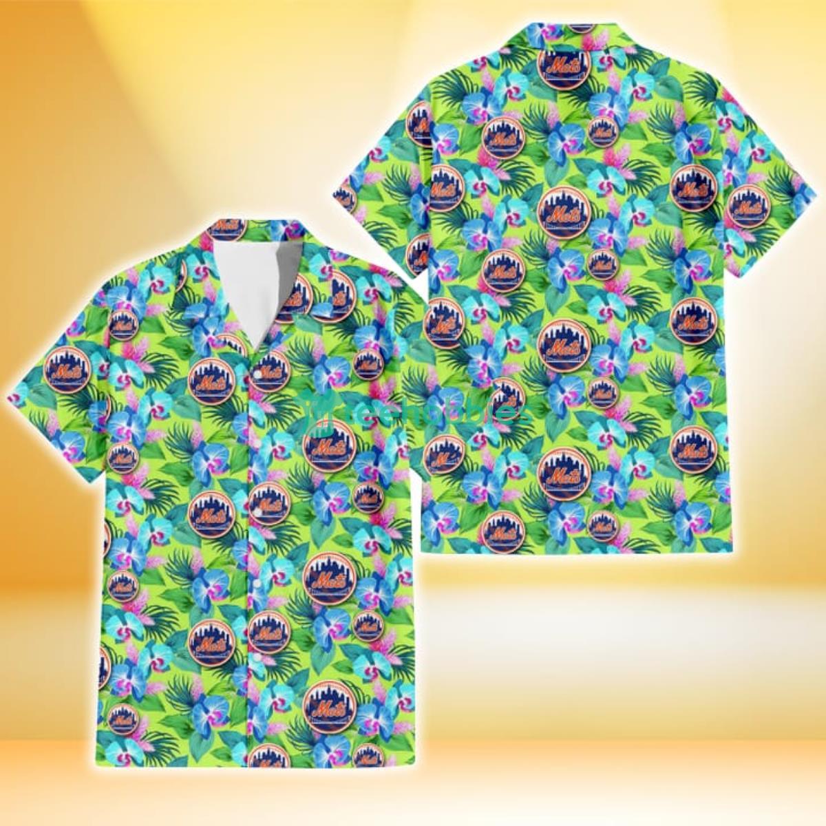 New York Mets Blue Orchid Green Pink Leaf Green Background 3D Hawaiian Shirt Gift For Fans Product Photo 1