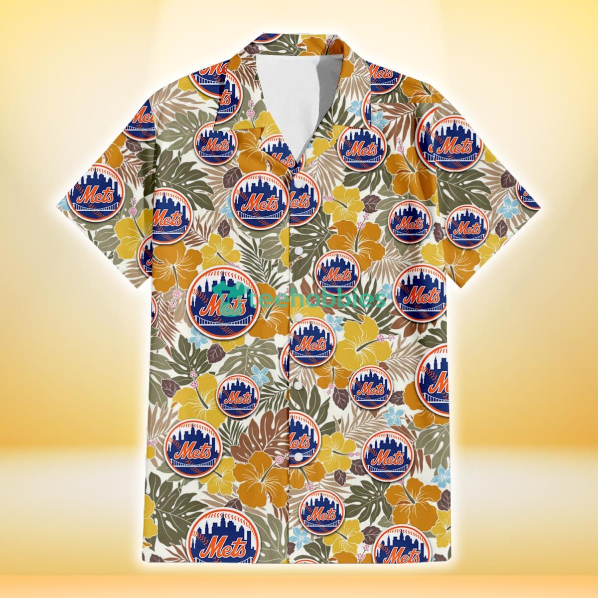 New York Mets Brown Yellow Hibiscus White Background 3D Hawaiian Shirt Gift For Fans Product Photo 2