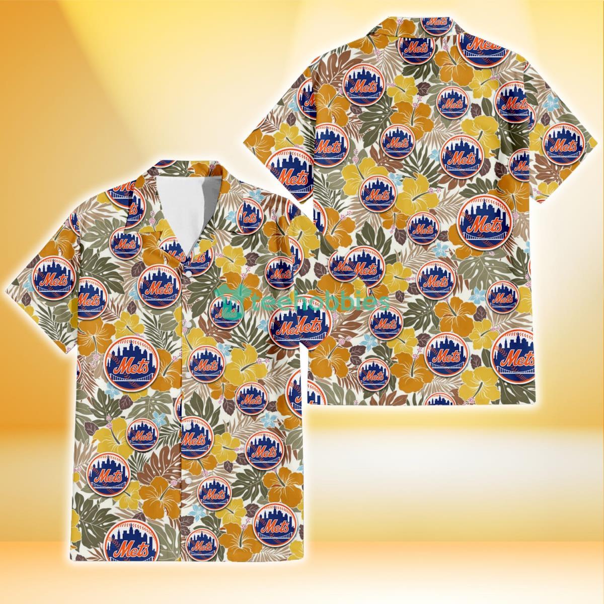 New York Mets Brown Yellow Hibiscus White Background 3D Hawaiian Shirt Gift For Fans Product Photo 1