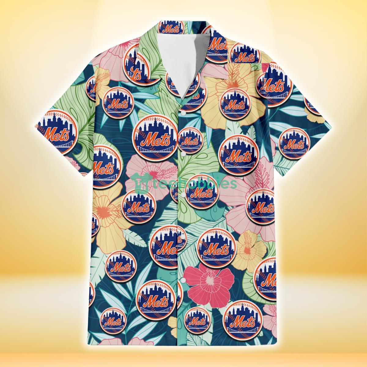 New York Mets Colorful Sketch Hibiscus Dark Green Background 3D Hawaiian Shirt Gift For Fans Product Photo 2