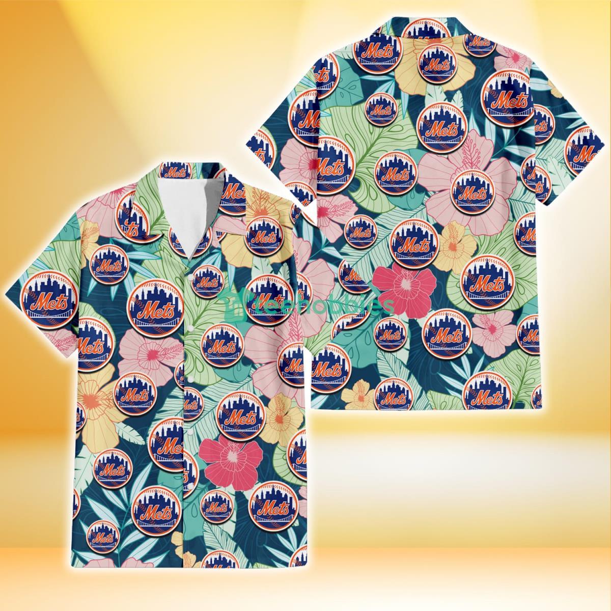 New York Mets Colorful Sketch Hibiscus Dark Green Background 3D Hawaiian Shirt Gift For Fans Product Photo 1