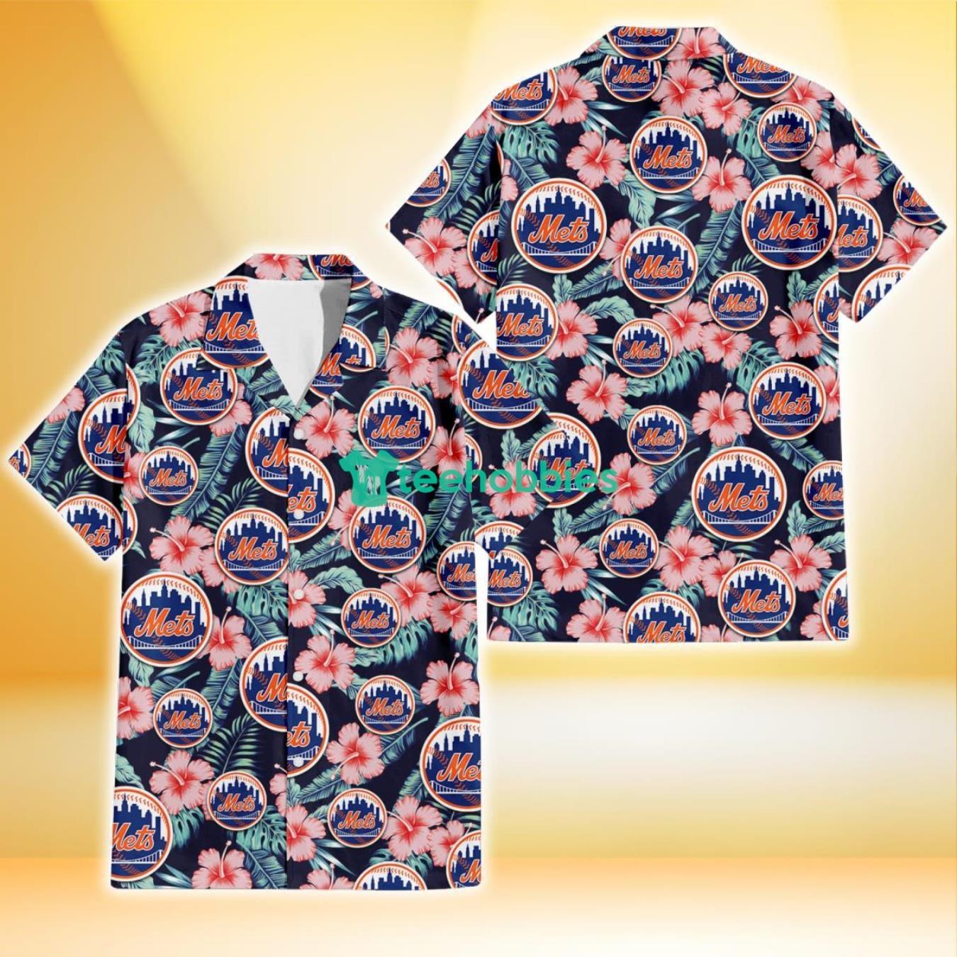 New York Mets Coral Hibiscus Green Banana Leaf Black Background 3D Hawaiian Shirt Gift For Fans Product Photo 1