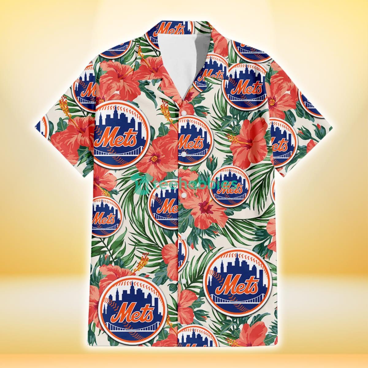 New York Mets Coral Hibiscus Green Leaf Beige Background 3D Hawaiian Shirt Gift For Fans Product Photo 2