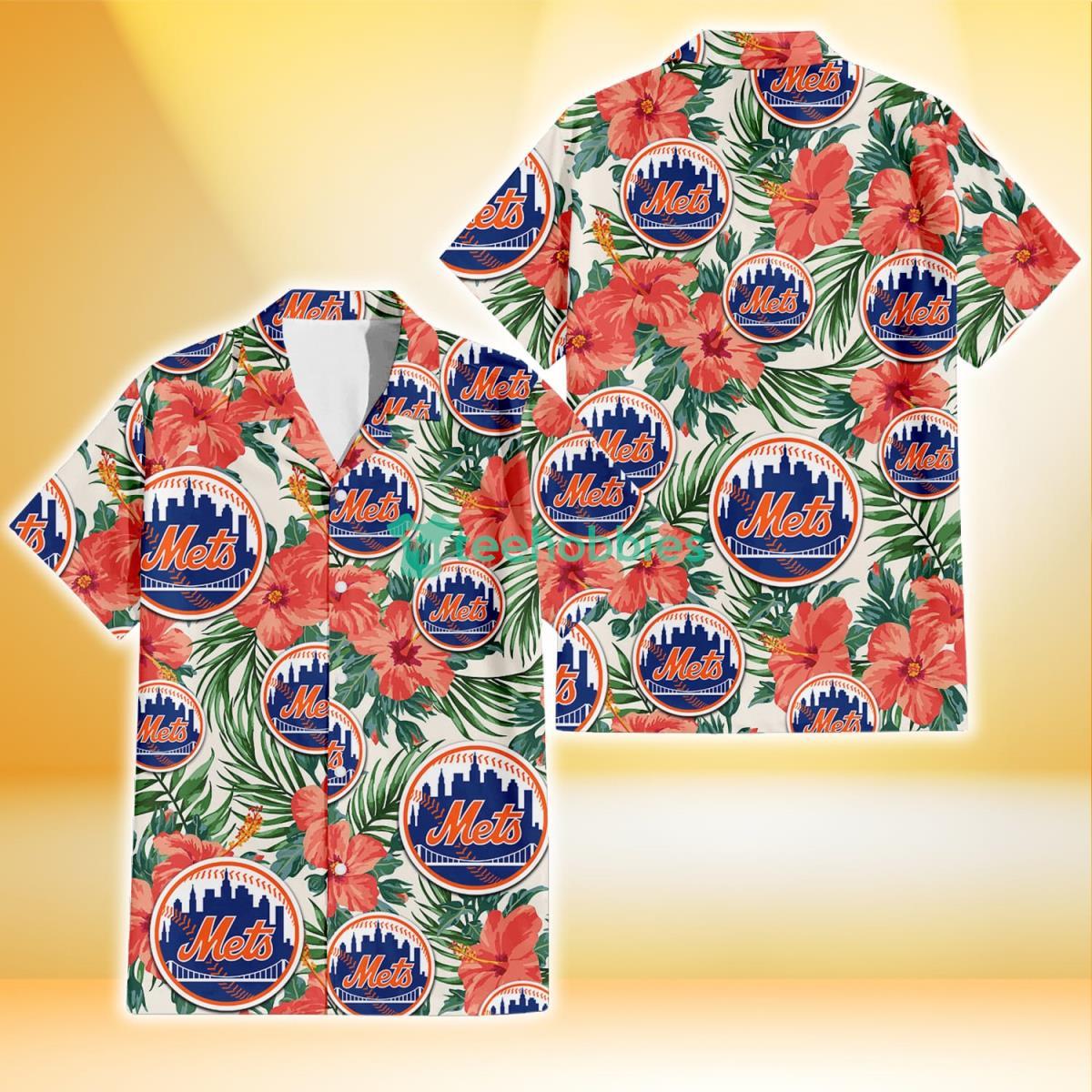 New York Mets Coral Hibiscus Green Leaf Beige Background 3D Hawaiian Shirt Gift For Fans Product Photo 1