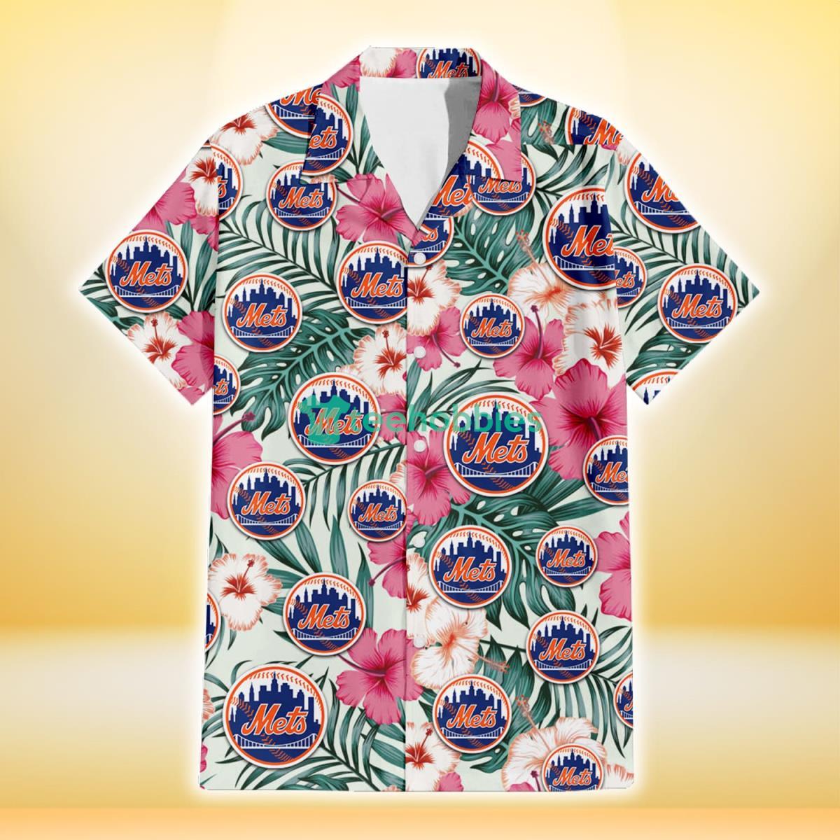 New York Mets Coral Pink Hibiscus Green Leaf Beige Background 3D Hawaiian Shirt Gift For Fans Product Photo 2