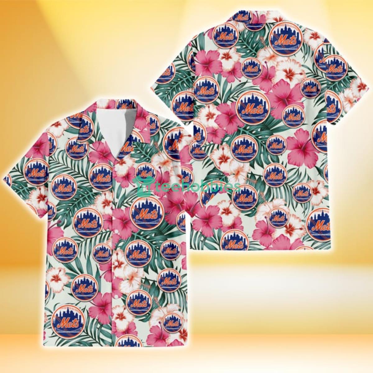New York Mets Coral Pink Hibiscus Green Leaf Beige Background 3D Hawaiian Shirt Gift For Fans Product Photo 1